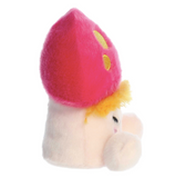 Plush toy with a pink hat and yellow accents on a white background