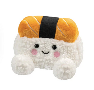 Plush toy resembling a smiling piece of sushi on a white background