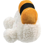 Plush toy resembling a fish with white body, orange and black stripes on a white background