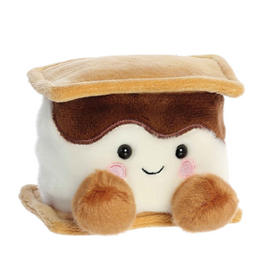Plush toy resembling a toasted marshmallow with a brown hat on a white background