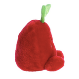 Red plush pear with a green stem on a white background