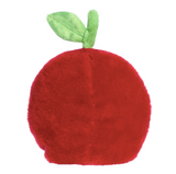 Plush toy shaped like a red apple with a green stem on a white background