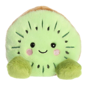 Plush toy shaped like a kiwi with a smiling face on a white background