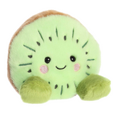 Plush toy shaped like a kiwi with a smiling face on a white background