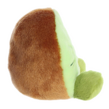Plush toy resembling a avocado with brown and green fur on a white background