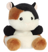 Plush toy resembling a calico cat with black, white, and orange colors on a white background.