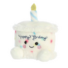 Plush toy shaped like a birthday cake with a candle and 'Happy B-day' text on a white background