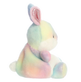 Pastel-colored plush bunny toy on a white background