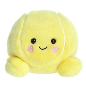 Plush toy shaped like a tennis ball with a face on a white background