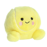 Plush toy resembling a tennis ball with a face on a white background