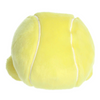 Yellow tennis ball with white strings on a white background