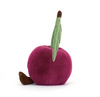 Plush toy plum with a green stem on a white background