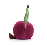Plush toy plum with a green stem on a white background