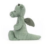Green plush dragon toy on a white background