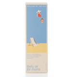 Box of belly oil for mums by Willow by the Sea with beach scene illustration.