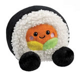 Plush toy resembling a roll of sushi with a face on a white background