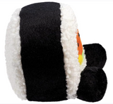 Plush toy resembling a sushi roll with black rice and white nori on a white background