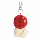 Plush keychain with a red hat and white body on a white background