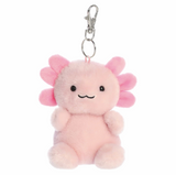 Pink axolotl plush keychain on a white background