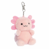 Plush axolotl keychain with a pink body and black eyes on a white background
