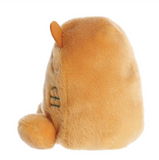 Plush toy resembling a cat with a small house on a white background