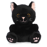 Black plush cat toy with pink paw pads on a white background