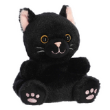 Black plush cat toy with pink paw pads on a white background