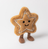 Star-shaped plush toy with a smiling face on a white background