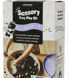 Jellystone Sensory Tray Play Kit packaging with a child playing with materials inside a tray.
