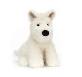 White plush dog toy with black nose on a white background