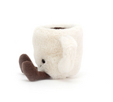 Small plush toy with a white body and brown feet on a white background