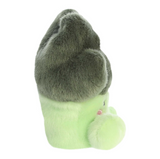 Plush toy with a green body and gray head on a white background