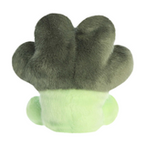 Green plush toy with a leaf-like design on a white background