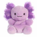 Purple plush toy with a smiling face on a white background