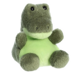Plush toy frog with green body and grayish-brown back on a white background