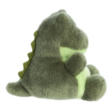 Green plush dinosaur toy on a white background