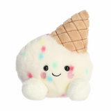 Plush toy resembling a ice cream cone with a smiling face on a white background