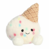 Plush toy resembling a ice cream cone with a smiling face on a white background