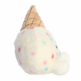 Plush toy shaped like an ice cream cone with colorful sprinkles on a white background
