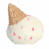 Plush toy resembling an ice cream cone with a waffle cone top on a white background