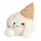 Plush toy resembling a ice cream cone with a smiling face on a white background