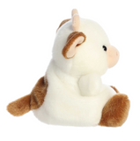 Plush toy cow with brown accents on a white background