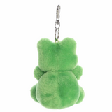 Green plush keychain shaped like a cat on a white background