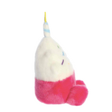 Plush toy with a unicorn horn and colorful design on a white background