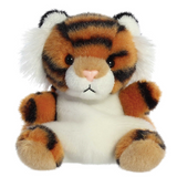 Plush tiger toy with orange, black, and white fur on a white background