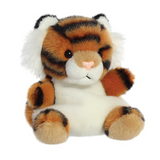 Plush tiger toy with orange, black, and white fur on a white background