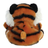 Plush tiger toy with black stripes on a white background