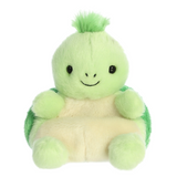 Green plush toy with a smiling face on a white background