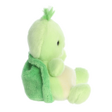 Green plush toy with a scarf on a white background
