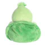 Green plush toy with a fluffy texture on a white background